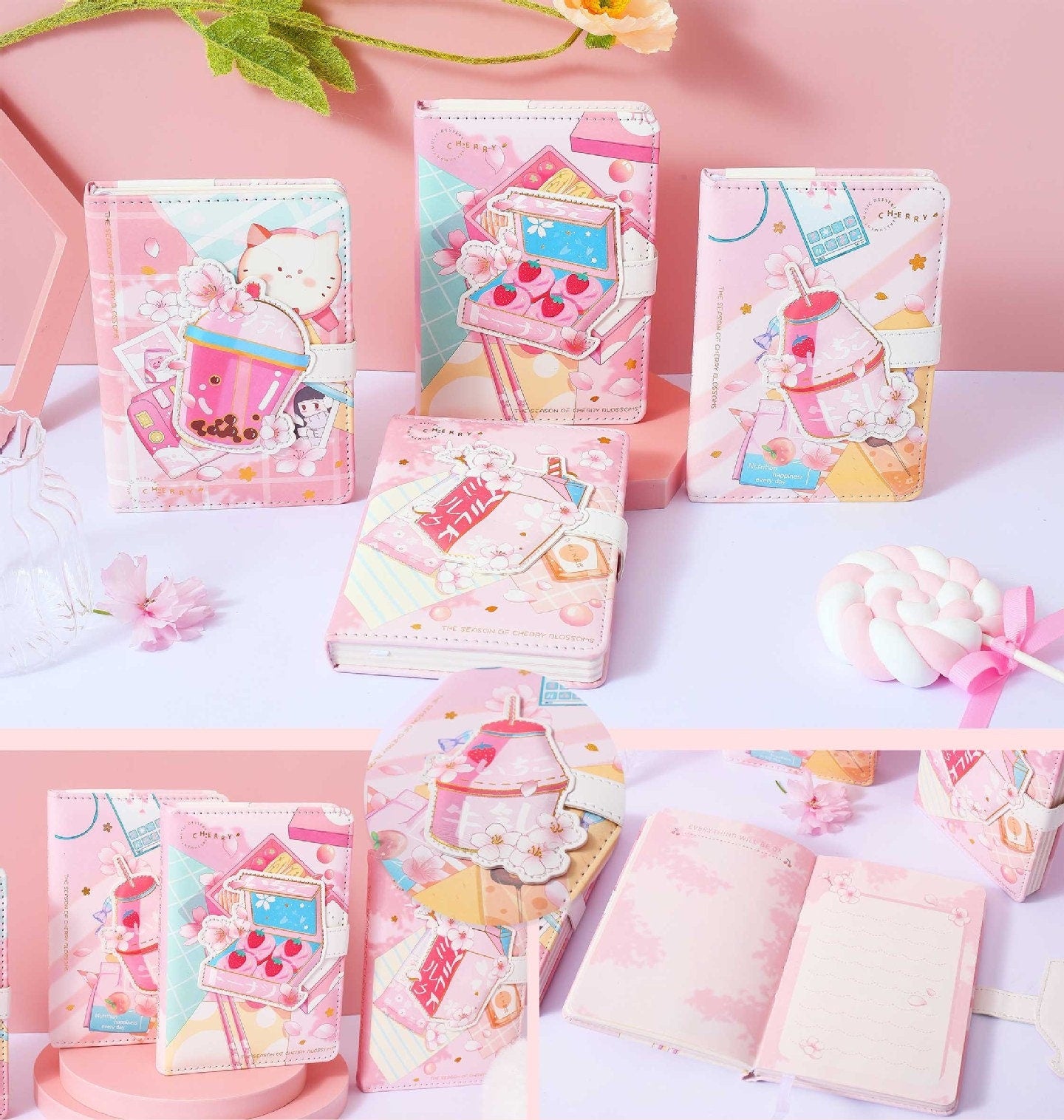 Pink Dessert Leather Journal with Magnetic Buckle, featuring kawaii dessert-themed designs, cat illustrations, and cherry blossom accents. The journal is displayed open and closed, showcasing its pink interior pages and secure magnetic buckle. Perfect for cute stationery collections.