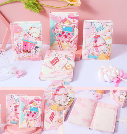 Pink Dessert Leather Journal with Magnetic Buckle, featuring kawaii dessert-themed designs, cat illustrations, and cherry blossom accents. The journal is displayed open and closed, showcasing its pink interior pages and secure magnetic buckle. Perfect for cute stationery collections.