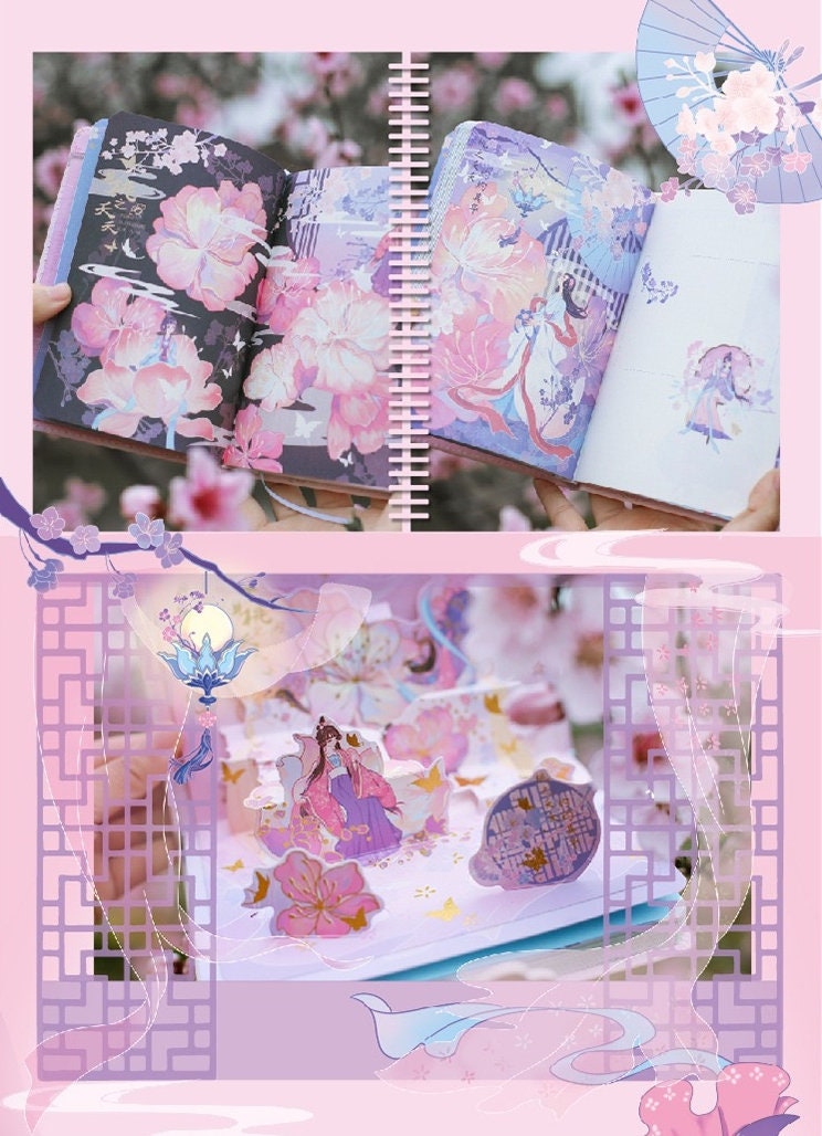 Peach Tree Elf Leather Planner with Butterfly Bookmark featuring intricate pink floral and elf illustrations inside, set against a background of blooming peach trees, and adorned with artistic butterfly and nature-themed elements.