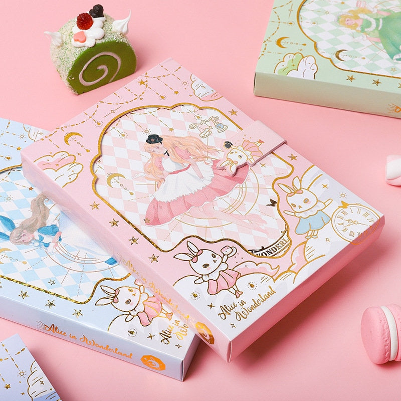 Alice Dream Journal with gold foil leather cover featuring whimsical Alice in Wonderland design, kawaii style illustrations, and pastel colors.