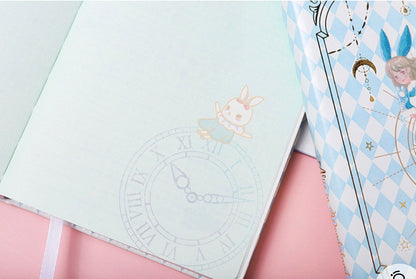 Alice Dream Journal with gold foil leather cover, featuring an illustration of a cute bunny on a clock and an Alice in Wonderland theme.