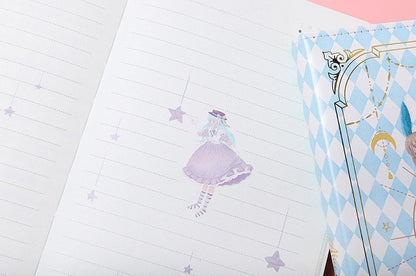 Alice Dream Journal - Gold Foil Leather Cover, inside pages with cute Alice illustration, lined paper, and pastel star decorations.