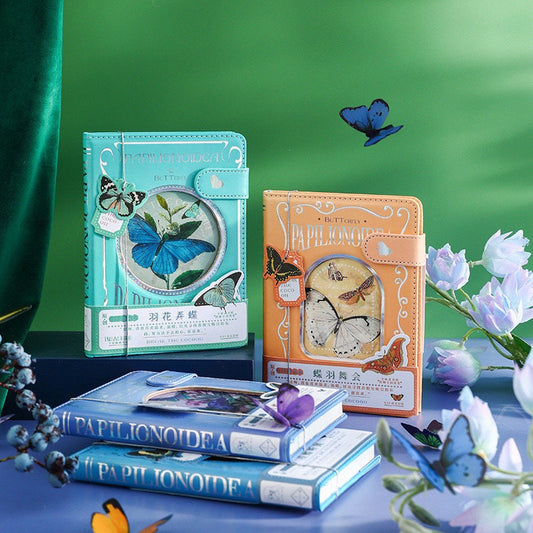 Butterfly leather notebook with 3D pages and bookmark in aquamarine blue and peach color options, featuring detailed butterfly designs and floral decorations, ideal for stationery enthusiasts and nature lovers in kawaii style.