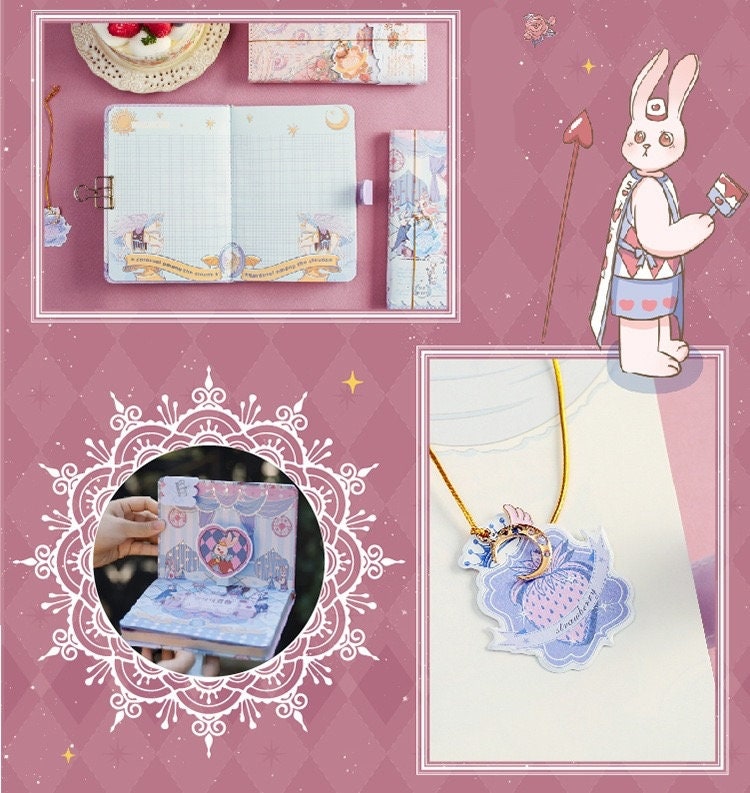 Rococo Waltz Leather Journal with Metal Bookmark on a pink background, featuring intricate illustrated pages, metal bookmark, and decorative elements in kawaii style with a whimsical bunny design.