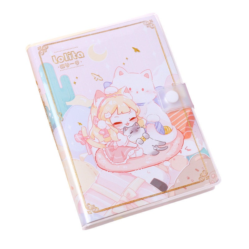 Lolita PVC Buckle Notebook - 224 Pages A5 Journal with cute anime girl and cat cover design, pastel colors, secure closure, kawaii stationery, perfect for school or personal use.