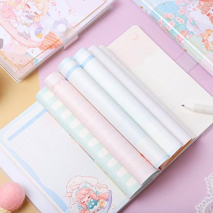 Lolita PVC Buckle Notebook - 224 Pages A5 Journal open to colorful pastel pages with cute illustrations, showing kawaii stationery design.