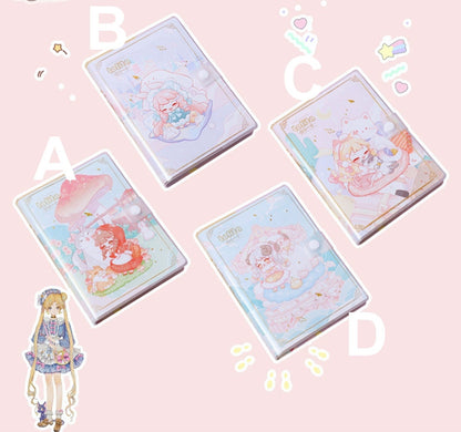 Lolita PVC Buckle Notebook - 224 Pages A5 Journal with kawaii illustrations in four different designs: A) Red Riding Hood with mushroom house, B) Girl in Snow Globe with castle, C) Dreamy girl with stuffed animals, D) Lolita girl with carousel background.