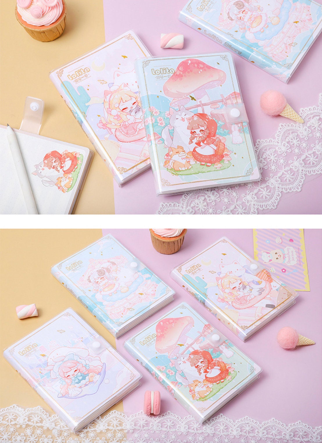 Lolita PVC Buckle Notebook - 224 Pages A5 Journal featuring cute kawaii illustrations, including pastel-colored characters and whimsical designs.