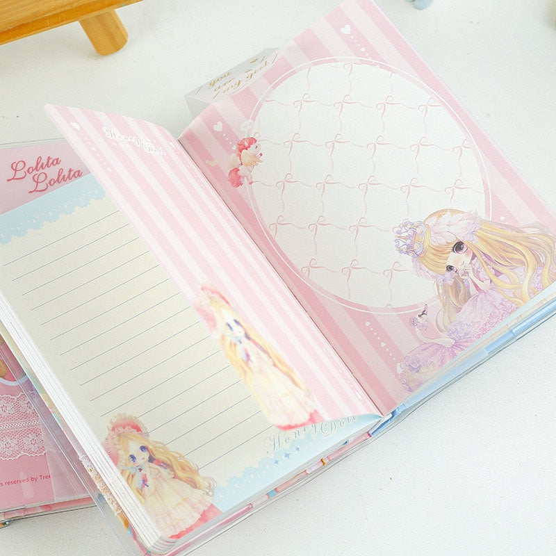 Fashion Macaron Girl Notebook with Bookmark and Buckle open pages showcasing cute lolita illustrations, pink striped borders, and lined paper in kawaii style.