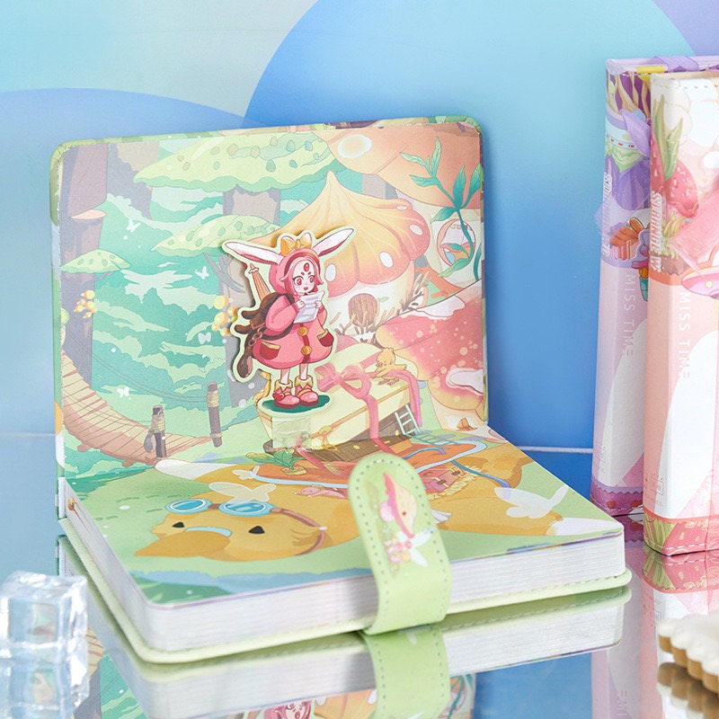 Strange World Adventure Journal with colorful 3D pages featuring whimsical forest and mushroom illustrations, cute character bookmark, kawaii style stationery.