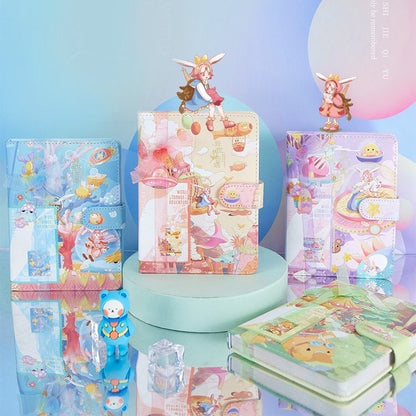 Strange World Adventure Journal with 3D Pages and Bookmark, featuring colorful kawaii designs and characters, displayed in a set of three with pastel backgrounds and cute accessories.