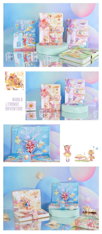 Strange World Adventure Journal with 3D pages and bookmark, featuring whimsical, colorful illustrations, and kawaii-style covers. Perfect for note-taking, journaling, and creative writing.