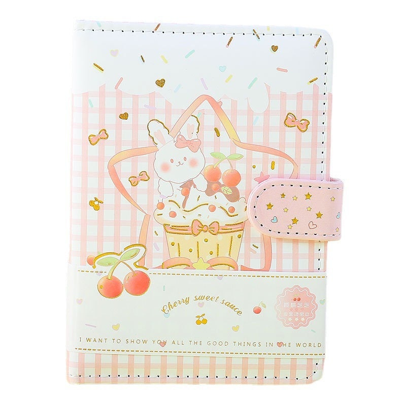 Pink Cherry Sauce A6 Journal with Magnetic Buckle featuring a cute bunny and cherry cupcake design on a pastel pink and white checkered background.