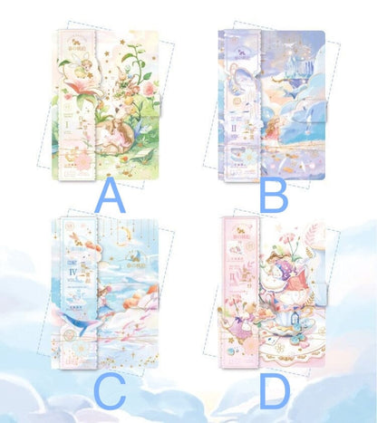 Peach Leather Journal with Bookmark and 3D Pages in Four Designs: (A) Floral Garden with Fairies, (B) Fantasy Castle in the Clouds, (C) Flying Whales Over Ocean, (D) Magical Tea Party with Animals. Ideal for Kawaii Stationery Collection.