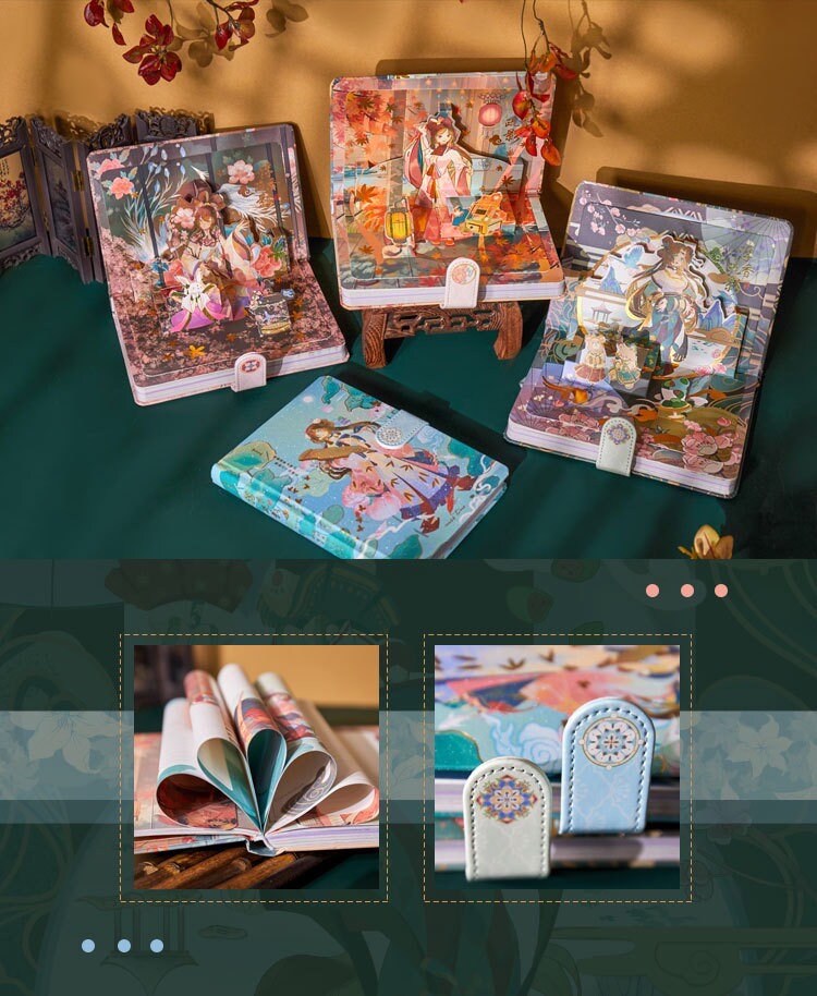 Anime Beauty Hard Cover Journal with Metal Bookmark featuring vibrant Japanese-inspired artwork, floral and fantasy motifs, and a detailed matching bookmark displayed in various positions.