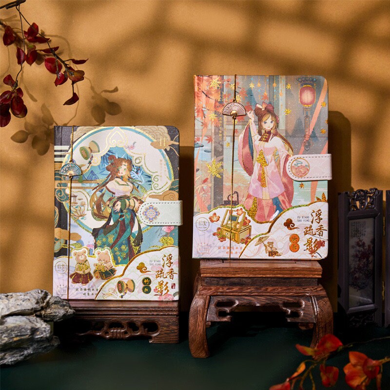 Anime Beauty Hard Cover Journal with Metal Bookmark featuring exquisite artwork of anime characters in traditional attire, set against an elegant background, perfect for kawaii stationery lovers and journaling enthusiasts.