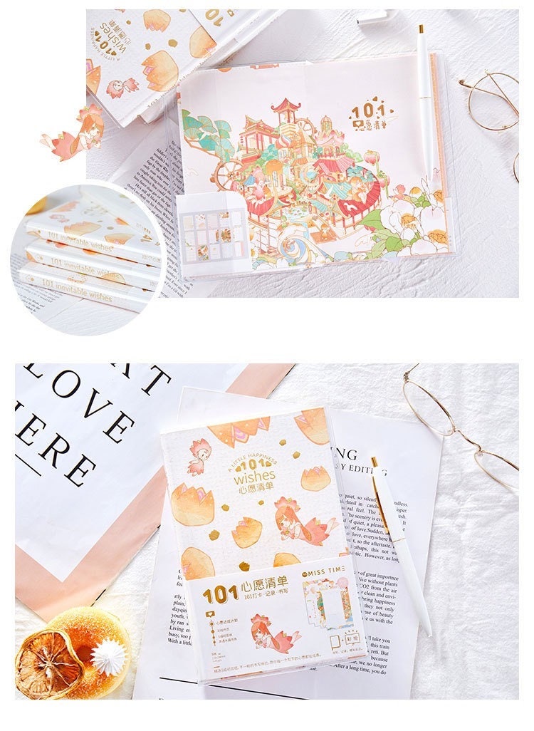 Once Upon a Time Crystal Cover Journal with whimsical illustrations, delicate gold accents, and a white pen on a soft white surface with glasses and minimalistic decor.