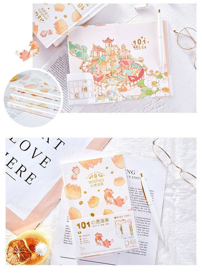 Once Upon a Time Crystal Cover Journal with whimsical illustrations, delicate gold accents, and a white pen on a soft white surface with glasses and minimalistic decor.