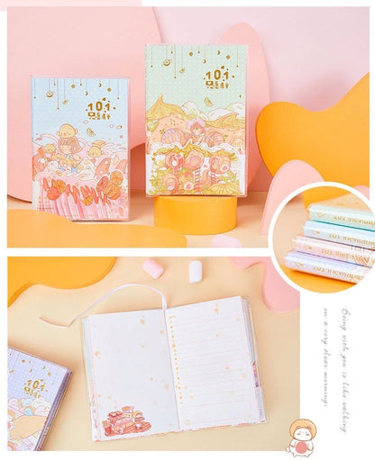 Orange Star Crystal Cover Journal with 192 Pages, featuring a cute kawaii design with pastel colors and whimsical illustrations of characters and landscapes. Ideal for note-taking, journaling, and as a gift for stationery lovers.