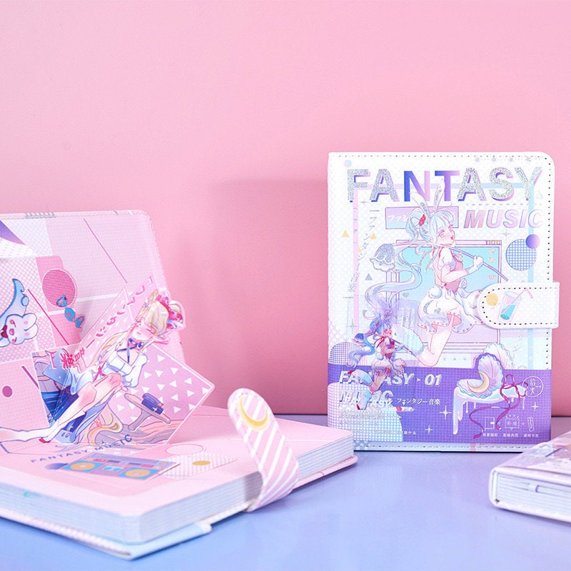 Music Fantasy 3D Journal - A5 Leather Cover Notebooks featuring colorful anime design on pink background.