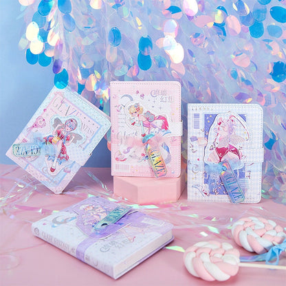 Milkyglass Pink Magnetic Leather Journal - 224 Pages featuring kawaii anime-style covers, displayed against a pastel background with iridescent decorations and cute candy props.