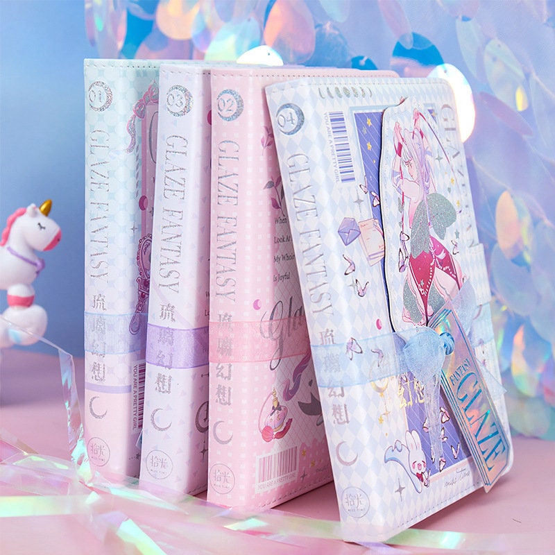 Milkyglass Pink Magnetic Leather Journal with 224 Pages - Glaze Fantasy series, displayed with three other kawaii style journals, featuring cute unicorn decoration and holographic background.