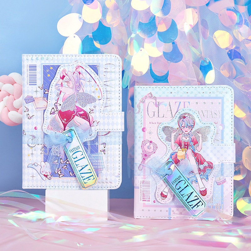 Milkyglass Pink Magnetic Leather Journal with 224 pages in kawaii style, featuring cute anime character illustrations and a glazed fantasy theme.