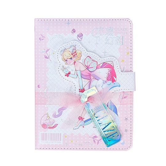 Milkyglass Pink Magnetic Leather Journal with 224 Pages featuring a cute anime girl illustration on the cover, Kawaii stationery.