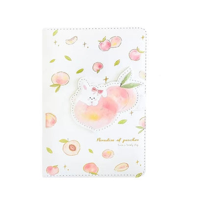 Peach Magnetic Buckle Leather Journal with 228 Pages featuring a cute bunny and peach design on the cover, surrounded by kawaii peach illustrations and green leaves.