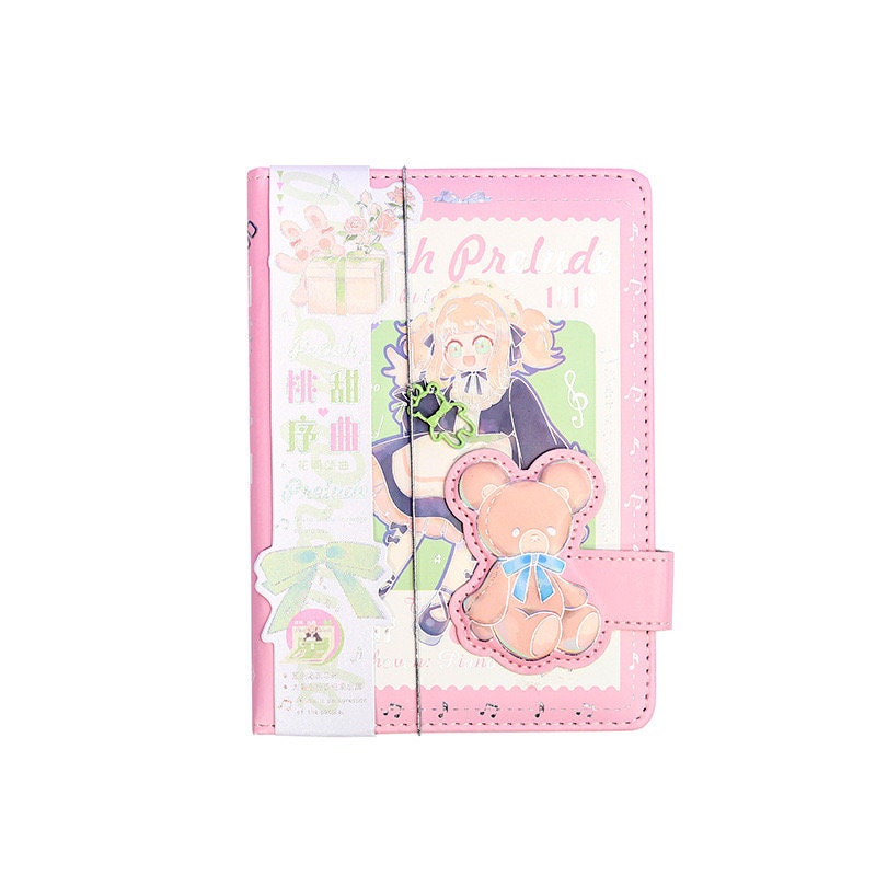 Peach Prelude Leather Journal with Magnetic Buckle, featuring cute kawaii design, pink pastel cover, adorable teddy bear, and vibrant illustrations.