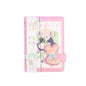 Peach Prelude Leather Journal with Magnetic Buckle, featuring cute kawaii design, pink pastel cover, adorable teddy bear, and vibrant illustrations.