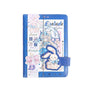 Peach Prelude Leather Journal with Magnetic Buckle in soft pastel colors featuring kawaii bunny and girl illustrations on blue cover.