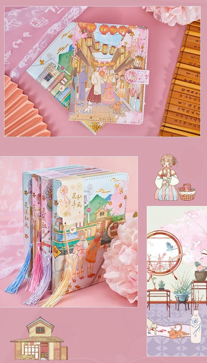 Cherry Blossom Planner with Soft Leather Cover and Magnetic Buckle, featuring charming illustrations of traditional Japanese festivities and vibrant lanterns, perfect kawaii stationery for organizing schedules and notes.