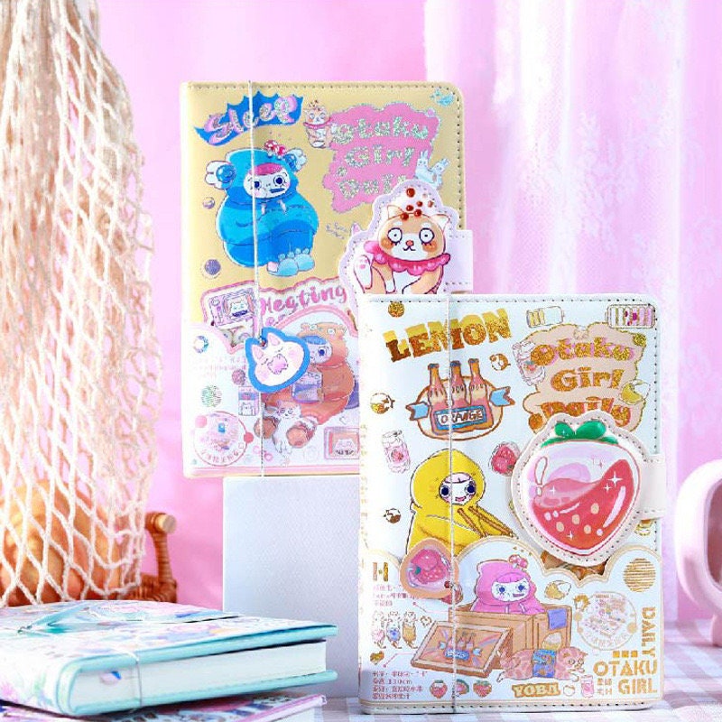 Otaku Girl Leather Journal with 3D Pages featuring kawaii characters and colorful illustrations, perfect for anime and manga enthusiasts.