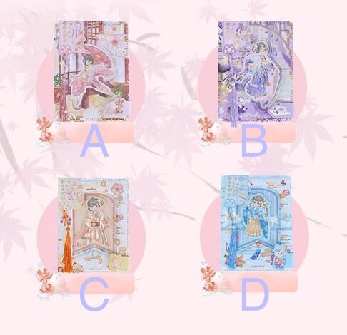 Cherry Blossom Girl Magnetic Buckle Hardcover Notebook in four designs labeled A, B, C, and D, featuring cute and colorful illustrations of girls in various poses with cherry blossom themes.