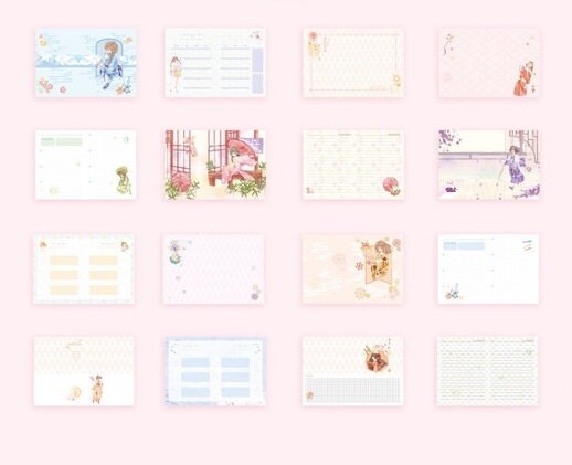 Cherry Blossom Girl Magnetic Buckle Hardcover Notebook - Inside pages featuring various cute kawaii designs and pastel colors, with illustrations of cherry blossoms and adorable characters.