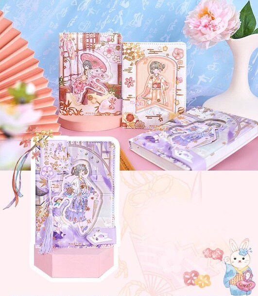 Cherry Blossom Girl Magnetic Buckle Hardcover Notebook in kawaii style with colorful girl illustrations, floral designs, and pastel backgrounds.