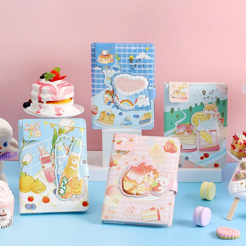 Summer Sundae Leather Journal with Magnetic Buckle in various designs, featuring cute dessert and animal illustrations on colorful covers, surrounded by decorative cakes and macarons.