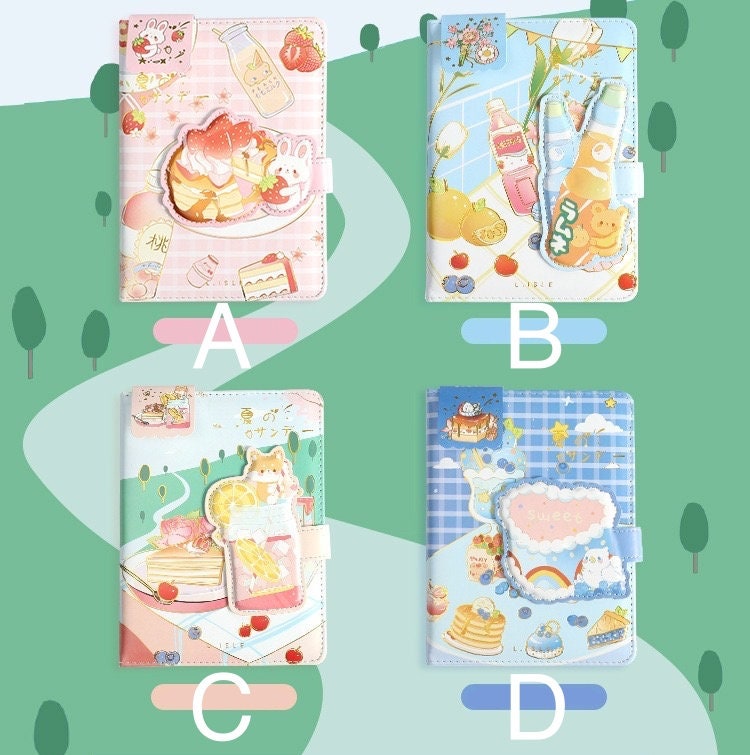 Summer Sundae Leather Journal with Magnetic Buckle - Color options: A (Strawberry and Bunny Design), B (Citrus and Soda Design), C (Shiba Inu and Lemon Design), D (Pancakes and Sweet Rainbow Design). Kawaii stationery with a magnetic buckle, perfect for journaling or taking notes.