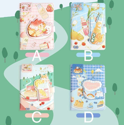 Summer Sundae Leather Journal with Magnetic Buckle - Color options: A (Strawberry and Bunny Design), B (Citrus and Soda Design), C (Shiba Inu and Lemon Design), D (Pancakes and Sweet Rainbow Design). Kawaii stationery with a magnetic buckle, perfect for journaling or taking notes.