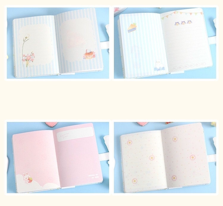 Summer Sundae Leather Journal with Magnetic Buckle open to various pastel-colored pages featuring cute illustrations and designs.