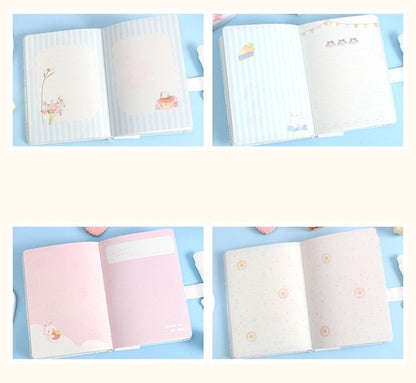 Summer Sundae Leather Journal with Magnetic Buckle open to various pastel-colored pages featuring cute illustrations and designs.