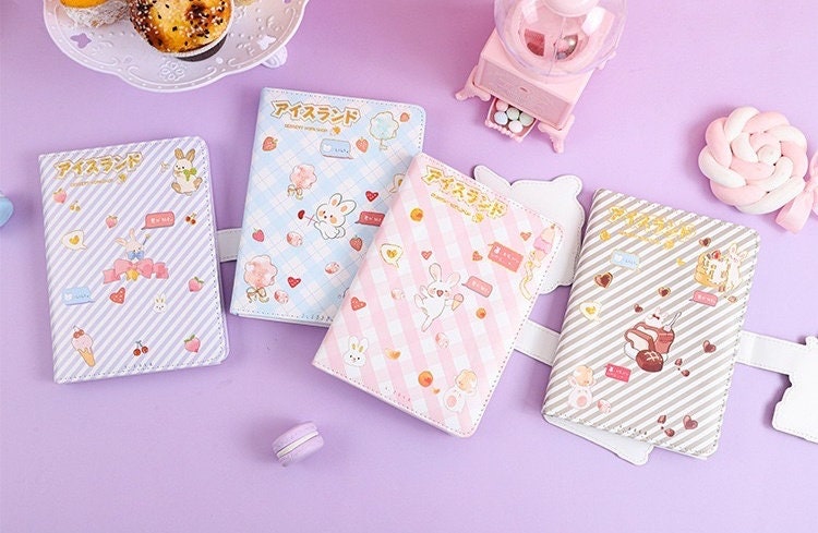 Ice Cream Van Leather Journal with Magnetic Buckle in cute kawaii style featuring pastel colors and adorable animal designs.