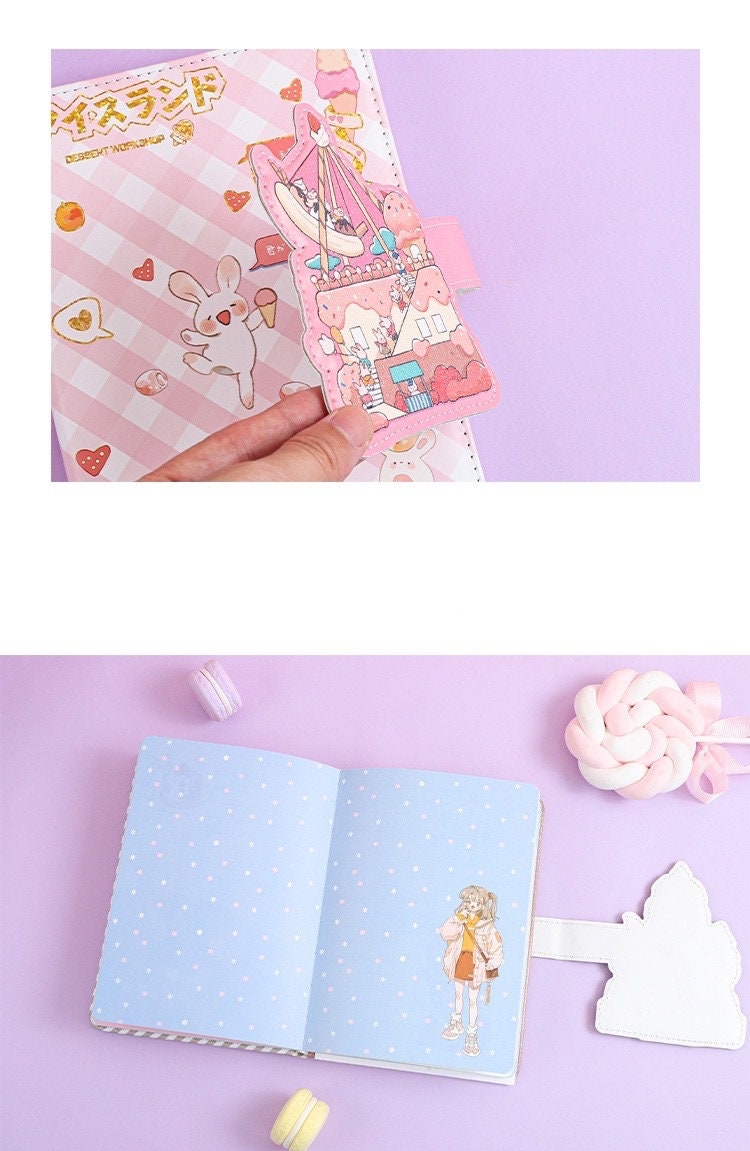 Kawaii Ice Cream Van Leather Journal with Magnetic Buckle, featuring cute pink design with whimsical illustrations, pastel blue interior with polka dots and adorable character print, perfect for note-taking and journaling.