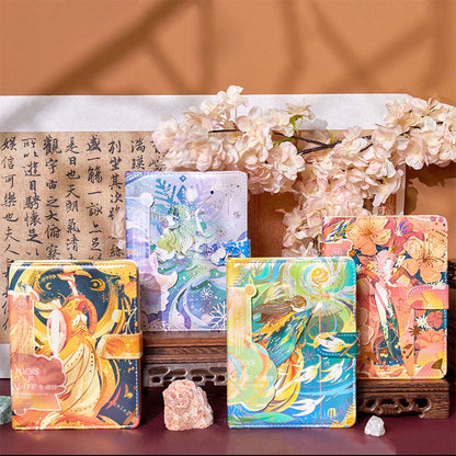 Poems of Life Leather Journal - Magnetic Buckle Aesthetic Planner with vibrant, artistic covers displayed among blossoms and Asian-inspired decor.