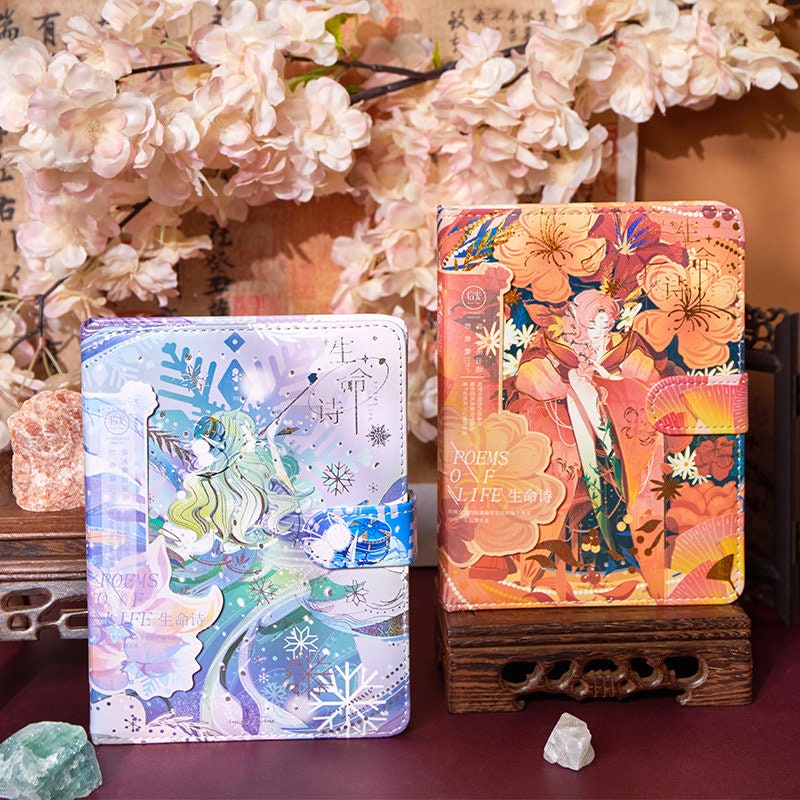 Poems of Life Leather Journal with Magnetic Buckle, Aesthetic Planner featuring artistic covers in purple and orange floral designs, set on a decorative background with cherry blossoms.