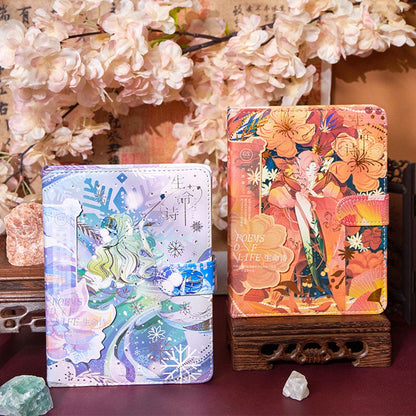 Poems of Life Leather Journal with Magnetic Buckle, Aesthetic Planner featuring artistic covers in purple and orange floral designs, set on a decorative background with cherry blossoms.