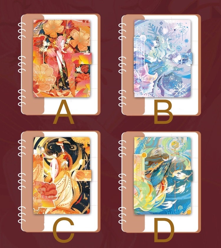 Poems of Life Leather Journal with Magnetic Buckle in Four Aesthetic Planner Designs: A - Orange and Floral, B - Blue and Winter, C - Gold and Artistic, D - Colorful Swirls.