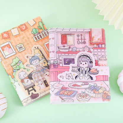 Pink Magnetic Buckle Happiness Planner with A5 PVC Cover featuring kawaii illustrations of cute girls and animals in a cozy room setting and kitchen scene