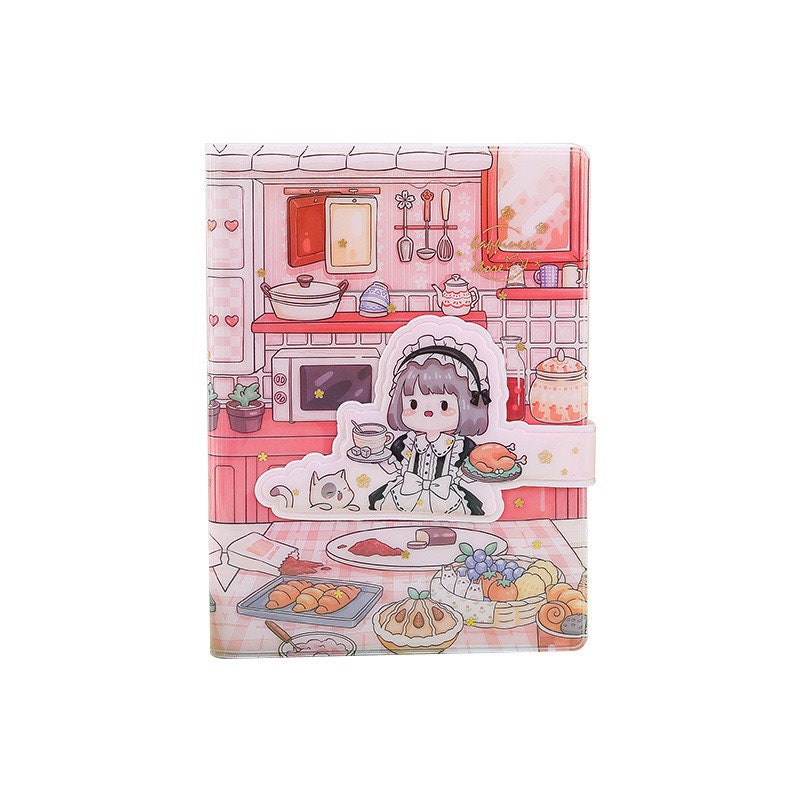 Pink Magnetic Buckle Happiness Planner with A5 PVC Cover featuring cute kawaii kitchen and maid design.